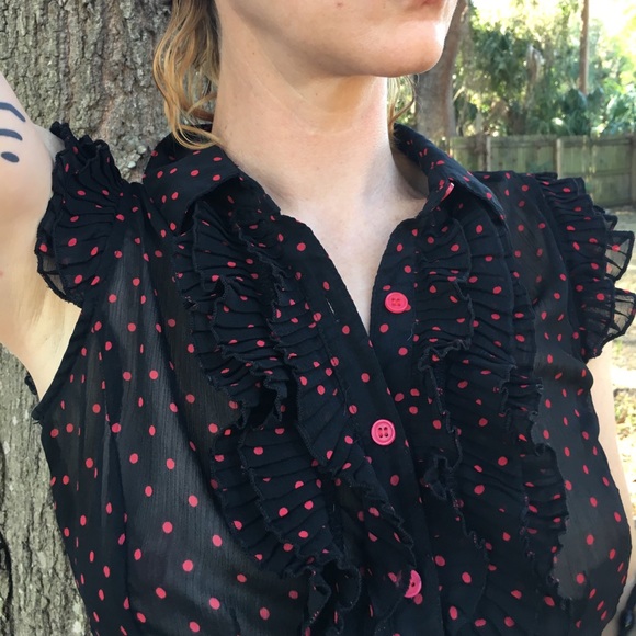 Black with red polka dot shear button up top - Picture 2 of 4